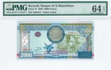 BURUNDI: 2000 Francs (1.12.2008) in blue and green on multicolor unpt with harvest scene at right. S/N: "T 004411". WMK: Cattle. Printed by TDLR (with...