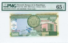 BURUNDI: 5000 Francs (1.12.2008) in green, olive and light red on multicolor unpt with Arms at upper center and building at right. S/N: "AK 545226". W...
