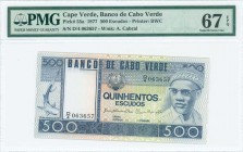 CAPE VERDE: 500 Escudos (20.1.1977) in blue and multicolor with Amilcar Cabral at right. S/N: "D/4 063657". WMK: Cabral. Printed by BWC. Inside holder...