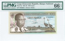 CONGO / DEMOCRATIC REPUBLIC: 100 Francs (1.2.1962) in dark brown on multicolor unpt with J Kasavubu at left and two crowned cranes at right. S/N: "X99...