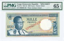 CONGO / DEMOCRATIC REPUBLIC: Specimen of 1000 Francs (1.8.1964) in dark blue on multicolor unpt with President Joseph Kasa-Vudu at left. S/N: "J 00000...