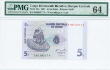 CONGO / DEMOCRATIC REPUBLIC: 5 Centimes (1.11.1997) in purple on multicolor unpt with Suku mask at left and Banks monogram at center. S/N: "B 0030577 ...