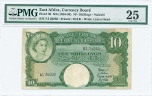 EAST AFRICA: 10 Shillings (ND 1958-1960) in green on multicolor unpt with portrait of Queen Elizabeth II at upper left. S/N: "A1 25002". WMK: Lions he...