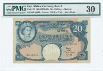 EAST AFRICA: 20 Shillings (ND 1958-1960) in blue on multicolor unpt with portrait of Queen Elizabeth II at upper left. S/N: "G4 56893". WMK: Lions hea...