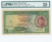 EGYPT: 50 Pounds (16.5.1951) in green and brown with portrait of King Farouk at right and ruins at lower left center. S/N: "EF/3 097218". WMK: Sphinx....