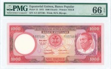 EQUATORIAL GUINEA: 1000 Ekuele (7.7.1975) in red on multicolor unpt with Arms at center and portrait of President Masie Nguema Biyogo Negue Ndong at r...