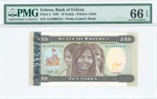 ERITREA: 10 Nakfa (24.5.1997) in dark brown and black on multicolor unpt with three young women at center and flag raising at left. S/N: "AC 5060415"....