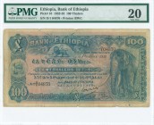 ETHIOPIA: 100 Thalers (1.5.1932) in blue on multicolor unpt with elephant at right, banks building at left and Arms at upper left center. S/N: "D/1 04...