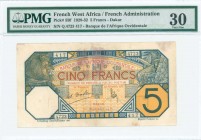 FRENCH WEST AFRICA / DAKAR: 5 Francs (1.9.1932) in blue and yellow with lion at left. S/N: "Q.4723 417". WMK: Eagle and "RF". Inside holder by PMG "Ve...