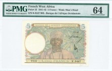 FRENCH WEST AFRICA: 5 Francs (6.5.1942) in multicolor with a man at center and value in light blue. S/N: "K.9447 966". WMK: Mans head. Inside holder b...