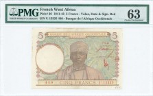 FRENCH WEST AFRICA: 5 Francs (2.3.1943) in multicolor with a man at center and value, date and signature in red. S/N: "U.13335 440". WMK: Mans head. I...