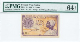 FRENCH WEST AFRICA: 10 Francs (2.1.1943) in violet on gold unpt with a woman at right. S/N: "T.211 655". Printed in Algeria. Inside holder by PMG "Cho...
