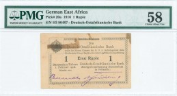GERMAN EAST AFRICA: 1 Rupie (1.2.1916) in black on yellowish normal paper with eagle at upper left. S/N: "H3 80467". Inside holder by PMG "Choice Abou...