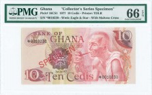 GHANA: Complete set of 4 values including 1, 2, 5 and 10 Cedis (2.1.1977) of Collectors Series Specimen. Diagonal red ovpt "SPECIMEN" at center left o...
