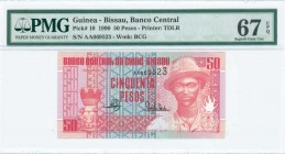GUINEA-BISSAU: 50 Pesos (1.3.1990) in pale red on multicolor unpt with Pansau Na Isna at right. S/N: "AA 069523". WMK: Repeating BCG. Printed by TDLR....
