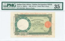 ITALIAN EAST AFRICA: 50 Lire (14 VI / 12 IX.1938) in green on light green unpt with head of Italia in seal at right. S/N: "G20 4334". WMK: Head of Jul...