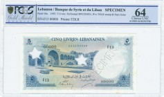 LEBANON: Specimen of 5 Livres (1.1.1952) in blue on multicolor with courtyard of the Palais de Beit-ed-Din at center left. S/N: "F13 00000". Perfin "S...