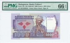MADAGASCAR: 1000 Francs = 200 Ariary (ND 1988-1993) in violet and brown on multicolor modified unpt. S/N: "BE3590585". WMK: Zebus head. Signature #3. ...