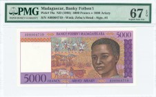 MADAGASCAR: 5000 Francs = 1000 Ariary (ND 1995) in dark brown and purple on lilac and multicolor unpt with Malagasy boy at right. S/N: "A 08964719". W...
