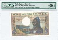 MALI: 1000 Francs (ND 1970-1984) in brownish black, purple and multicolor with man at center right. S/N: "K.16 71662". WMK: Mans head. Printed by BDF ...