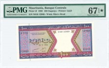 MAURITANIA: 100 Ouguiya (28.11.1993) in purple, violet and brown on multicolor unpt with ornate design. S/N: "X010 12989". WMK: Bearded man. Printed b...