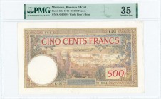 MOROCCO: 500 Francs (10.11.1948) in brown, red and multicolor with view of city of Fez. S/N: "K.456 994". WMK: Lions Head. Inside holder by PMG "Choic...
