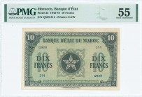 MOROCCO: 10 Francs (1.3.1944) in black on green unpt with five-pointed star at center. S/N: "Q828 314". Printed by EAW. Inside holder by PMG "About Un...
