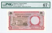 NIGERIA: 1 Pound (ND 1967) in red and dark brown with banks building at left. S/N: "B/61 928291". WMK: Lions head. Inside holder by PMG "Superb Gem Un...