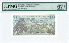 RWANDA: 100 Francs (1.1.1978) in gray on light blue and multicolor unpt with Zebras. S/N: "BP 303455". Inside holder by PMG "Superb Gem Unc 67 - EPQ"....