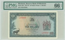 RHODESIA: 10 Dollars (3.12.1975) in black on blue-green and multicolor unpt with Banks logo at upper center and Arms at right. S/N: "J/38 678328". WMK...