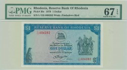 RHODESIA: 1 Dollar (2.8.1979) in blue on multicolor unpt with Banks logo at upper center and Arms at right. S/N: "L/125 606282". WMK: Zimbabwe bird. P...