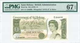 SAINT HELENA: 1 Pound (ND 1976) in deep olive-green on pale and ochre unpt with Queen Elizabeth II at right. S/N: "A/1 284690". Misspelled "ANGLAE" in...