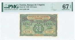 TUNISIA: 20 Francs (7.6.1948) in green and brown with ornamental design. Like Algerian banknote #103 with title "BANQUE DE LALGERIE / TUNISIE". S/N: "...