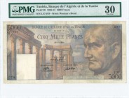 TUNISIA: 5000 Francs (28.3.1950) in Violet with Roman ruins at left and Roman emperor Vespasian at right. S/N: "J.57 079". WMK: Womans Head. Inside ho...
