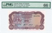 UGANDA: 20 Shillings (ND 1966) in purple on multicolor unpt with Arms at upper left. S/N: "A/24 464700". WMK: Palm of open hand. Inside holder by PMG ...