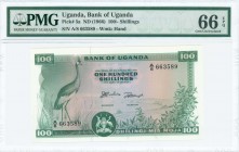 UGANDA: 100 Shillings (ND 1966) in green on multicolor unpt with crane at left and text "FOR BANK OF UGANDA" at upper center. S/N: "A/8 663589". WMK: ...