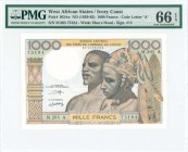 WEST AFRICAN STATES / IVORY COAST: 1000 Francs (ND 1959-1965) in brown, blue and multicolor with man and woman at center. S/N: "M.205 75184". Code let...