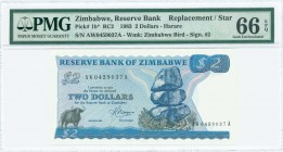 ZIMBABWE: Replacement of 2 Dollars (1983) in blue and multicolor with water buffalo at left and Chiremba balancing rocks in Epworth at center right. S...