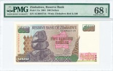 ZIMBABWE: 500 Dollars (2001) in dark brown on tan and multicolor unpt with Chiremba balancing rocks in Epworth at center left. S/N: "AC 0964718". WMK:...