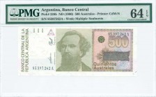 ARGENTINA: 500 Australes (ND 1990) in pale olive-green on multicolor unpt and dark olive-green guilloche by "500" with Nicolas Avellaneda at center. S...