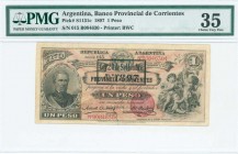 ARGENTINA: 1 Peso (1.1.1898) in black on pink unpt with portrait of Adm G Brown at left, Arms at center and three cherubs at right. S/N: "015 B084630"...