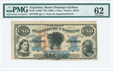 ARGENTINA: 1 Peso (ND / old date 2.1.1869) in black on blue unpt with girl at lower left, horses head at center and anchor at lower right. S/N: "Z 063...