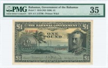 BAHAMAS: 1 Pound (Law 1919 - ND 1930) in black on yellow and blue unpt with portrait of King George V at right, ship seal at left and landscape with s...