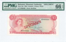 BAHAMAS: Specimen of 3 Dollars (Law 1968) in red on multicolor unpt with Queen Elizabeth II at left. S/N: "B 000000". Red diagonal ovpt "SPECIMEN" bot...
