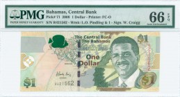 BAHAMAS: 1 Dollar (2008) in green on multicolor unpt with Sir Lynden O Pindling at right. S/N: "R421562". WMK: Pindling and number "1". Printed by Obe...