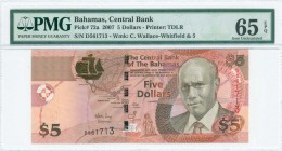 BAHAMAS: 5 Dollars (2007) in multicolor unpt with Sir Wallace-Whitfield at right. S/N: "D561713". WMK: Wallace-Whitfield and number "5". Printed by (T...