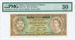 BELIZE: 20 Dollars (1.1.1976) in brown on multicolor unpt with portrait of Queen Elizabeth II at right and Arms at left. S/N: "E/2 997255". Printed by...