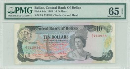 BELIZE: 10 Dollars (1.7.1983) in black on red and multicolor unpt with Queen Elizabeth II at center right. S/N: "P/4 713936". WMK: Carved head of the ...