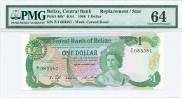 BELIZE: Replacement of 1 Dollar (1.1.1986) in green on multicolor unpt with Queen Elizabeth II at center right and Coat of Arms at top left. S/N: "Z/1...