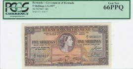 BERMUDA: 5 Shillings (1.5.1957) in brown on multicolor unpt with portrait of Queen Elizabeth II at upper center and Hamilton Harbor at bottom center. ...